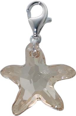 Charmanhänger Seestern aus echtem 925/- Silber Sterlingsilber aus champagnerfarbenen Kristallglas mit Karabinerverschluss, Größe: 2,0 cm (Maße ohne Verschluss) im angesagten Saboo Look.