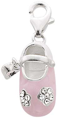 Charm-Anhänger Schuh aus echtem 925/- Silber Sterlingsilber:  rosafarben lackiert, mit 10  weißen funkelnden Zirkoniasteinen auf dem Schuh und einem rosafarbenen seitlich am Schuh, mit stabilem Karabinerverschluss. Größe 5×18 mm im angesagten Saboo Look