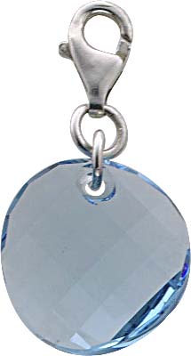 Charmanhänger aus echtem Silber Sterlingsilber 925/- mit blauem Glasanhänger mit einem Durchmesser von 18mm  (ohne Karabinerhaken). Er ist mit einem Karabinerhaken versehen, das Glas ist  facettiert und leicht gewellt.Stärke von 3mm. Stuttgarts Premiumqua
